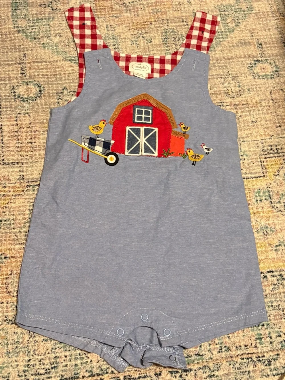 Mud Pie Blue Romper with Red Barn Appliqué and Red Gingham Straps